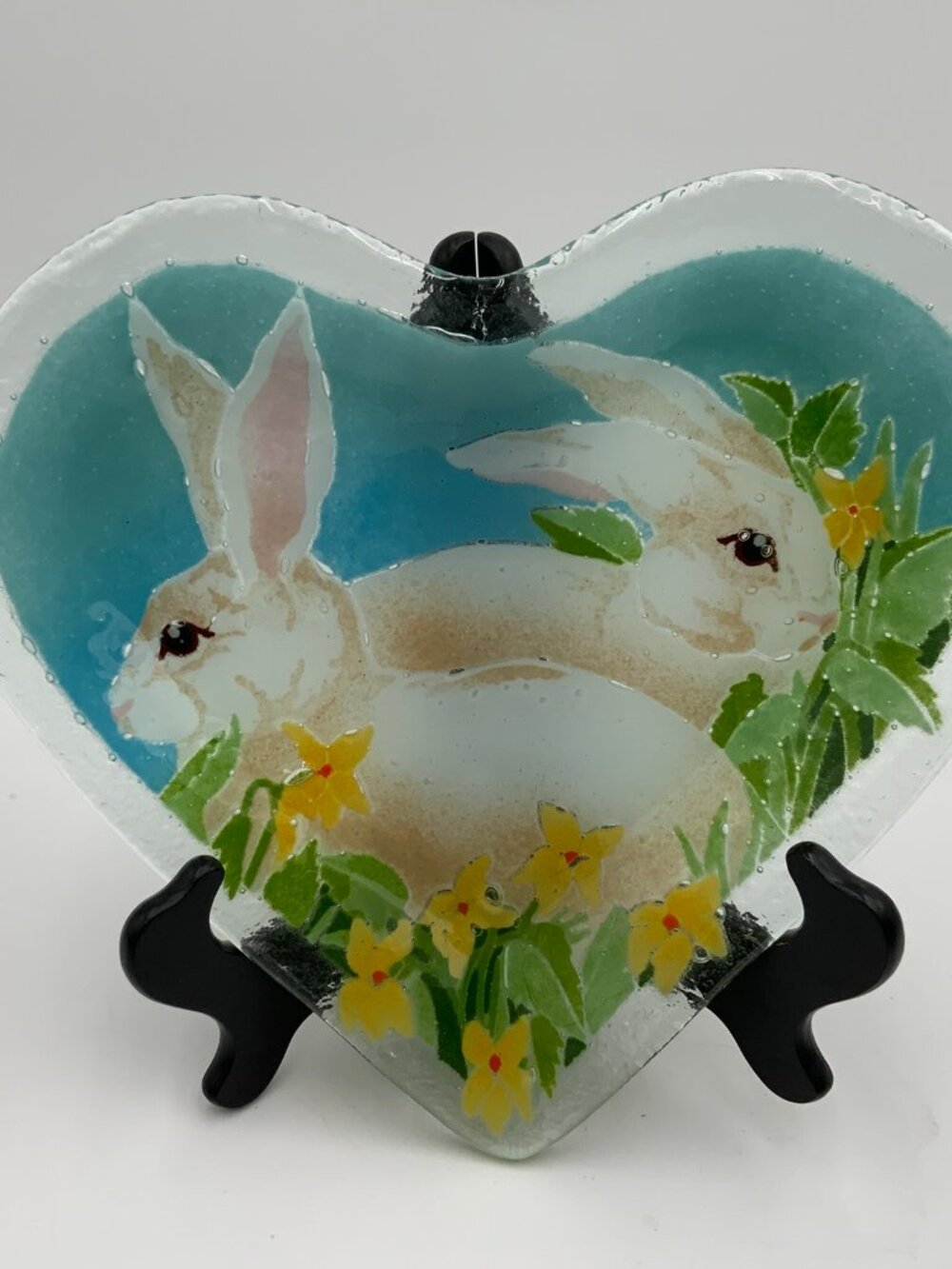 Vintage PEGGY KARR EASTER BUNNY 10" Heart Shaped Fused Glass Platter Exc Cond - Picture 7 of 8